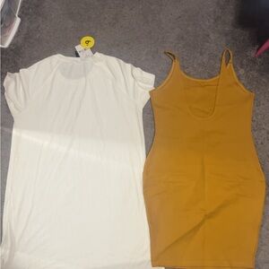 White T-Shirt and Mustard Bodycon Dress
